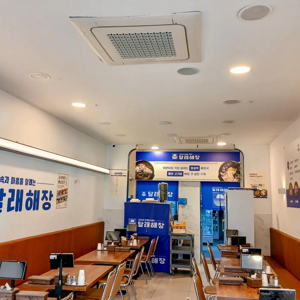 레일 조명과 라인 조명을 설치한 식당 홀 전경
