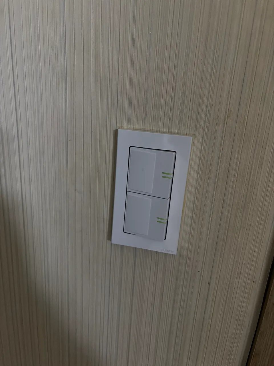 나무결 벽면에 새 2구 스위치로 교체를 마친 모습